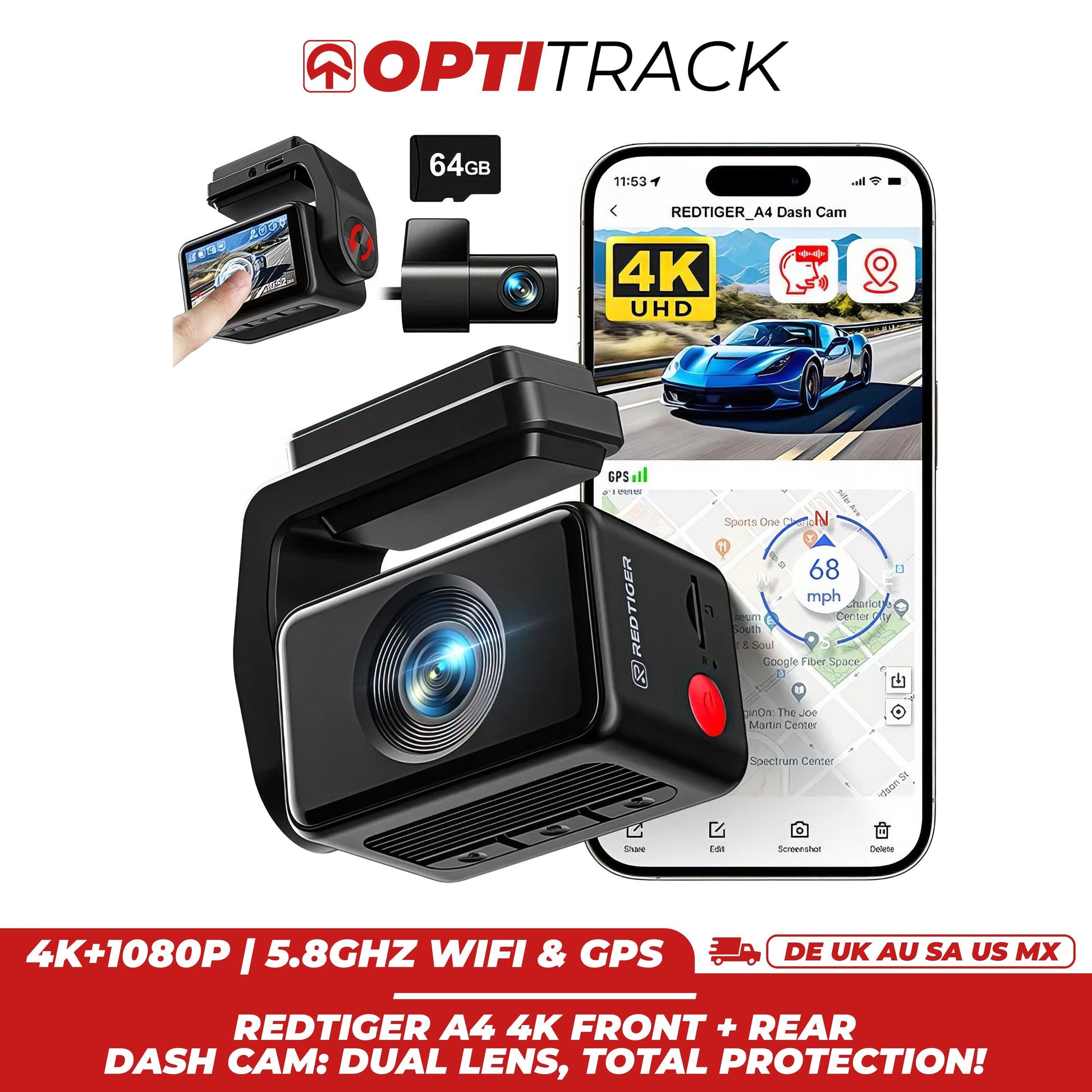 OptiTrack™ | Redtiger A4 4K Front + Rear Dash Cam: Dual Lens, Total Protection! - OptiTrack